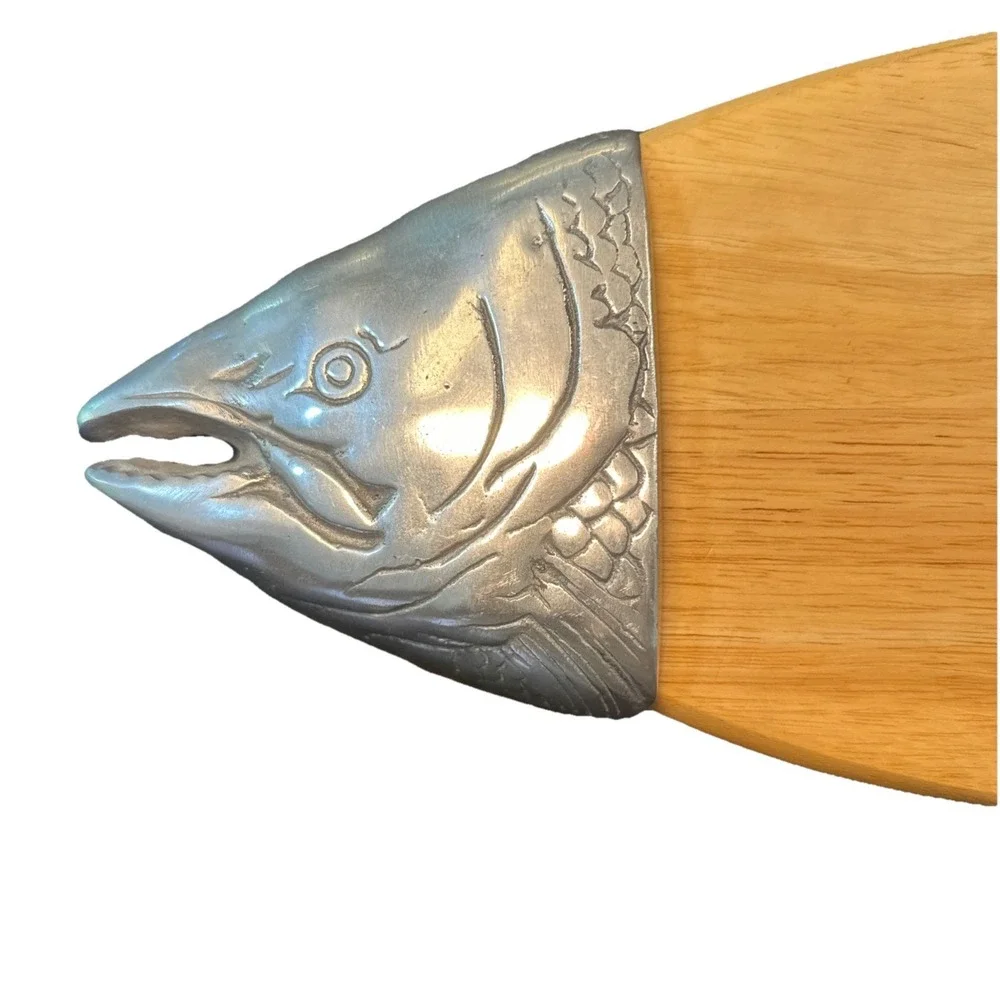 Vintage Salmon‎ Fish Wood And Pewter Cutting Board Charcuterie Serving Tray 26